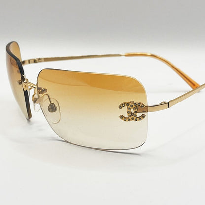 Chanel Vintage Sunglasses Rhinestone CC Logo Rimless Gradient Gold Orange