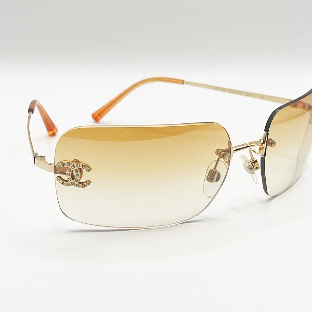 Chanel Vintage Sunglasses Rhinestone CC Logo Rimless Gradient Gold Orange