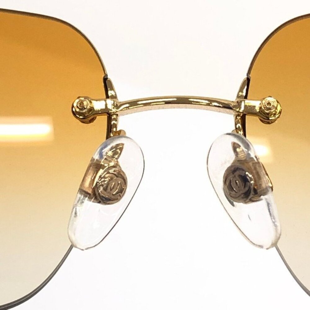Chanel Vintage Sunglasses Rhinestone CC Logo Rimless Gradient Gold Orange
