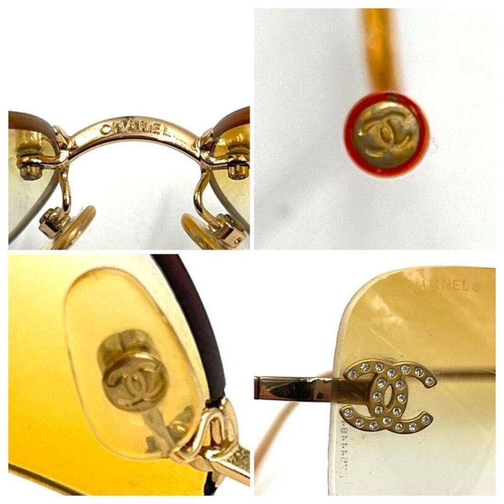 Chanel Vintage Sunglasses Rhinestone CC Logo Rimless Gradient Gold Orange