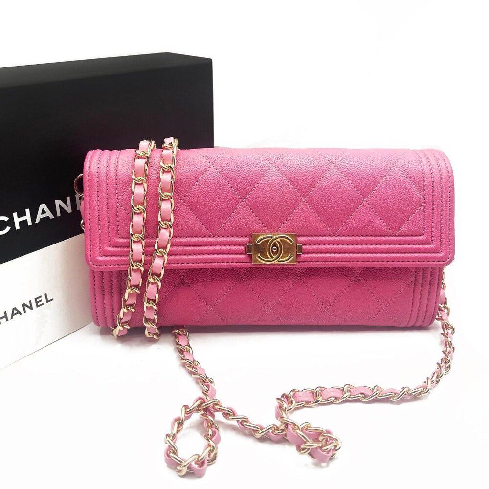 Chanel Boy CC Flap Lambskin Wallet Chain Shoulder Crossbody Pink Gold