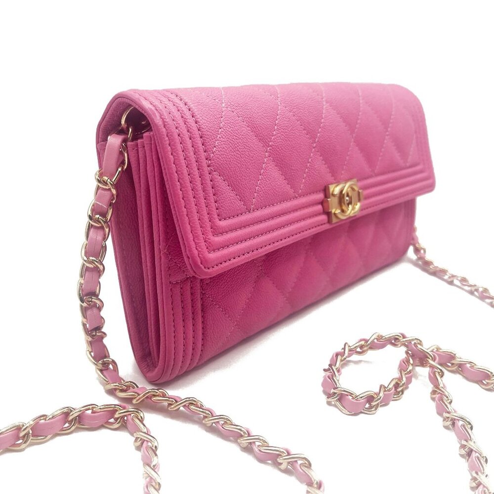 Chanel Boy CC Flap Lambskin Wallet Chain Shoulder Crossbody Pink Gold
