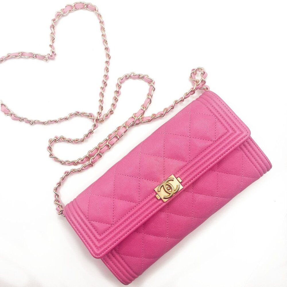 Chanel Boy CC Flap Lambskin Wallet Chain Shoulder Crossbody Pink Gold