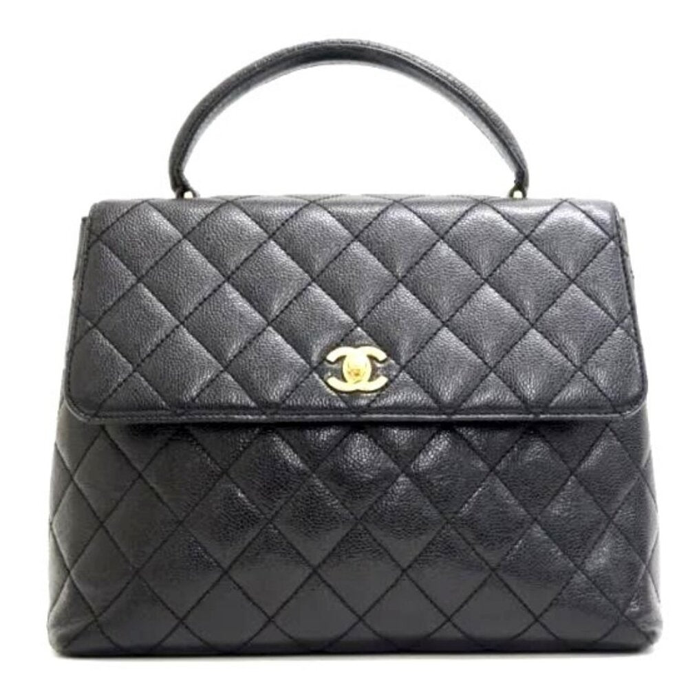 Authentic Chanel 24k CC Caviar Vintage Kelly Quilted Flap Bag Black Purse Handle