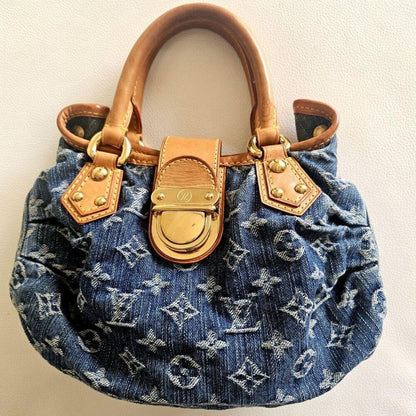 Authentic Louis Vuitton Denim Pleaty Monogram Vintage Pouch Pochette Hand Bag