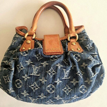 Authentic Louis Vuitton Denim Pleaty Monogram Vintage Pouch Pochette Hand Bag