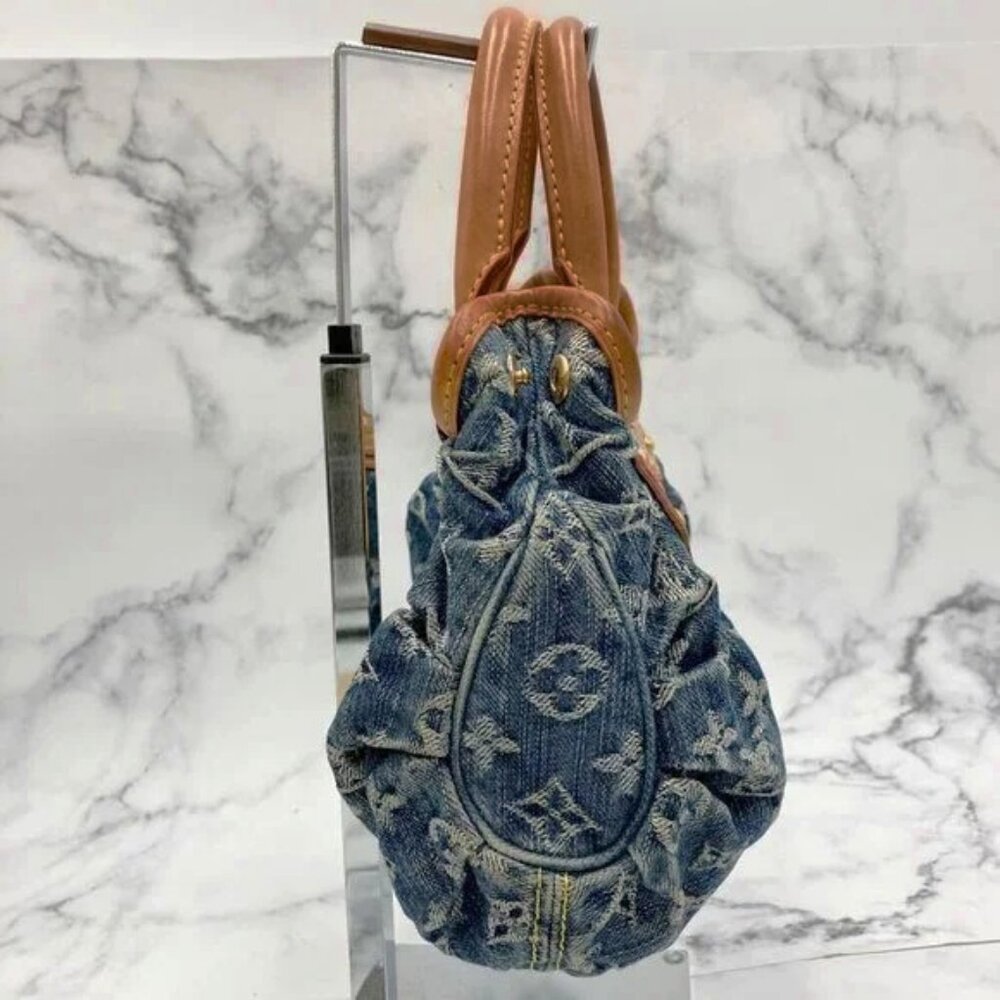 Authentic Louis Vuitton Denim Pleaty Monogram Vintage Pouch Pochette Hand Bag