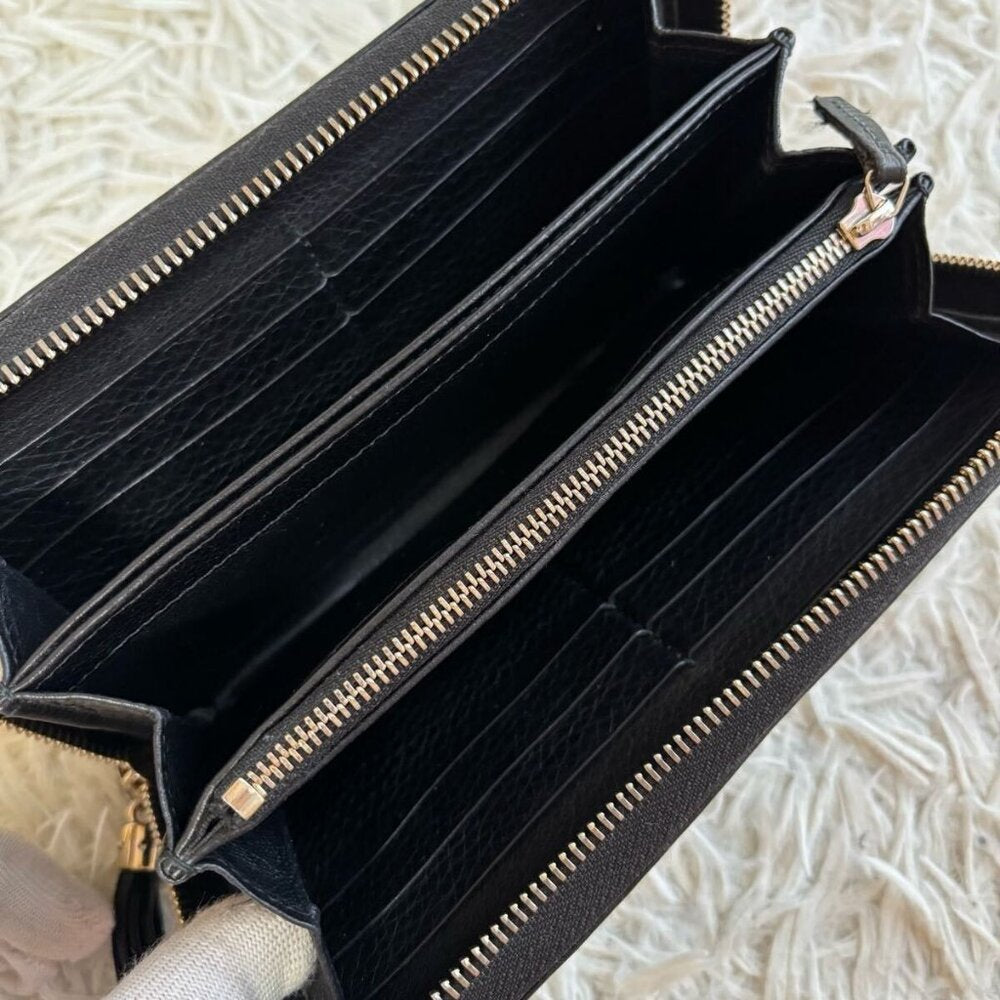 Authentic GUCCI Pebbled Calfskin Soho Zip Around Wallet Black Tassel Zippy