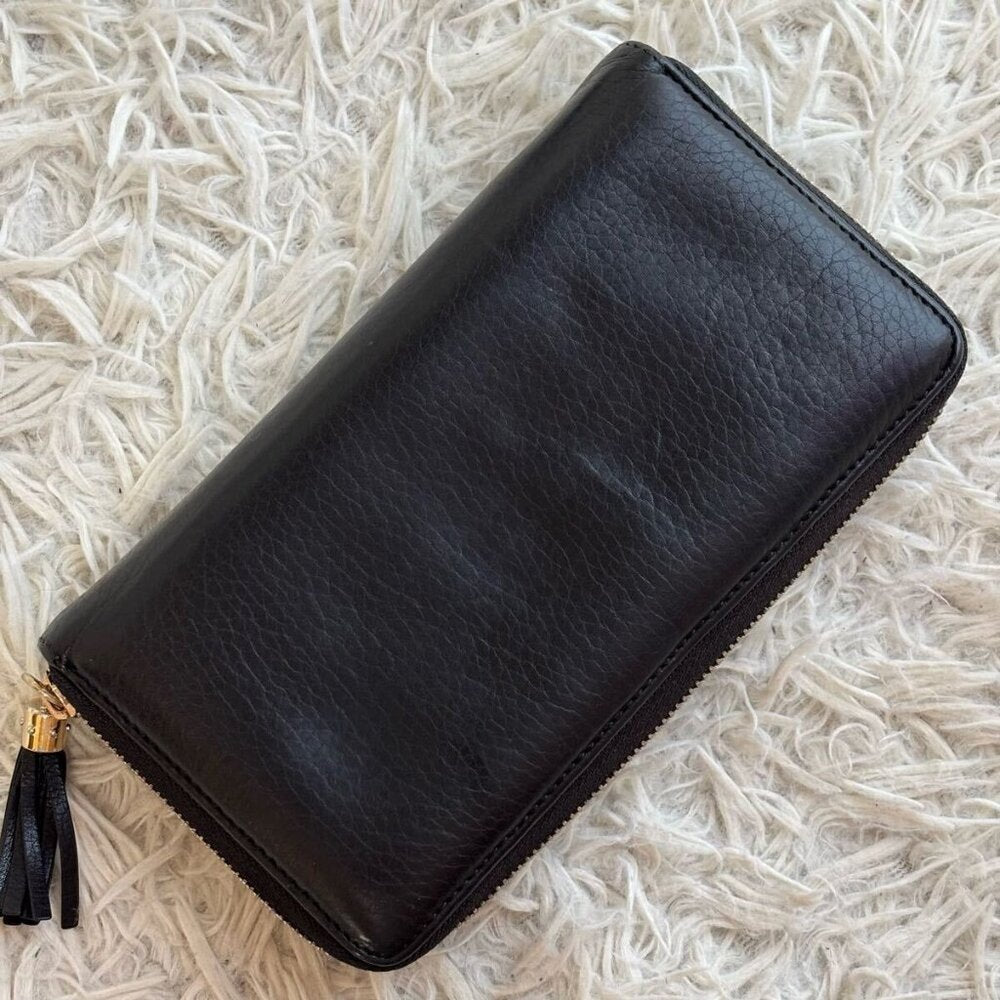 Authentic GUCCI Pebbled Calfskin Soho Zip Around Wallet Black Tassel Zippy