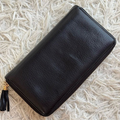 Authentic GUCCI Pebbled Calfskin Soho Zip Around Wallet Black Tassel Zippy