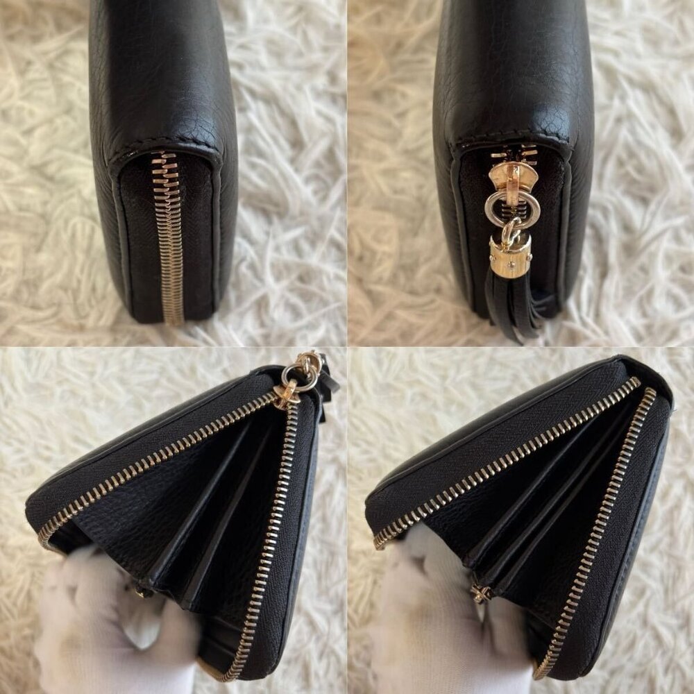 Authentic GUCCI Pebbled Calfskin Soho Zip Around Wallet Black Tassel Zippy