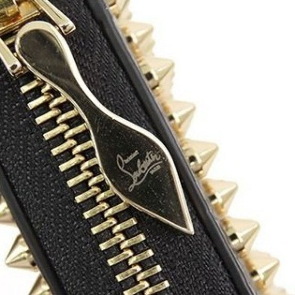 Authentic Christian Louboutin Calfskin Panettone Spiked Zip Around Wallet Black