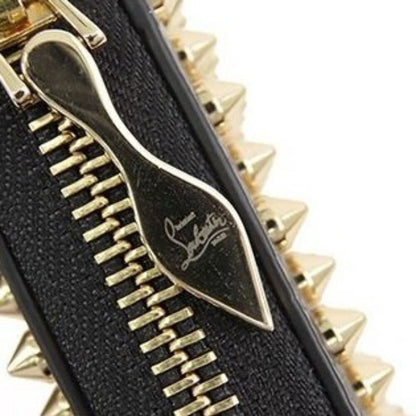 Authentic Christian Louboutin Calfskin Panettone Spiked Zip Around Wallet Black