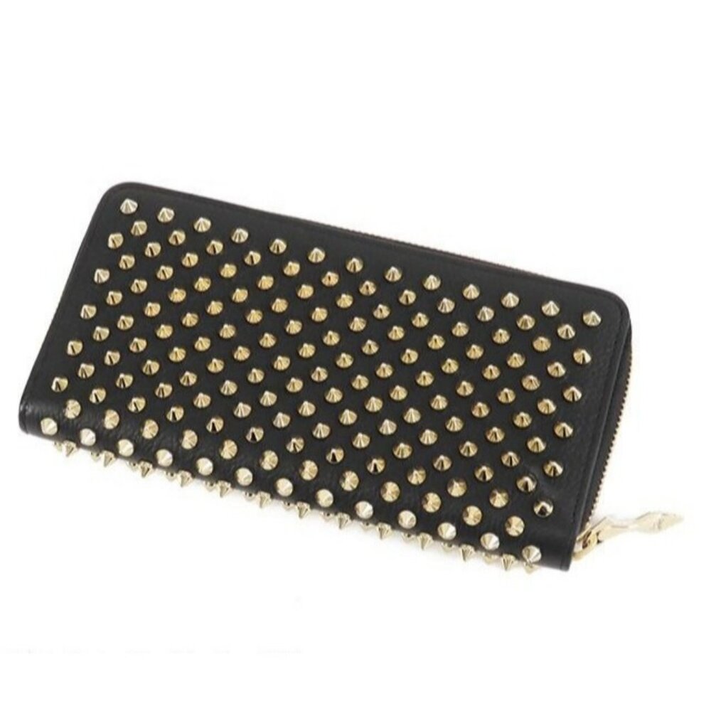 Authentic Christian Louboutin Calfskin Panettone Spiked Zip Around Wallet Black