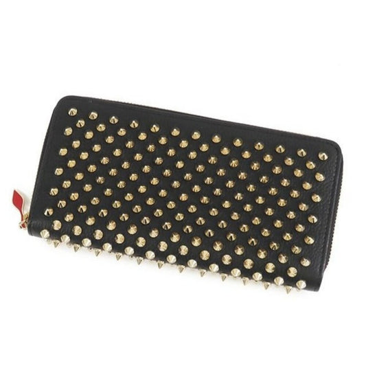 Authentic Christian Louboutin Calfskin Panettone Spiked Zip Around Wallet Black
