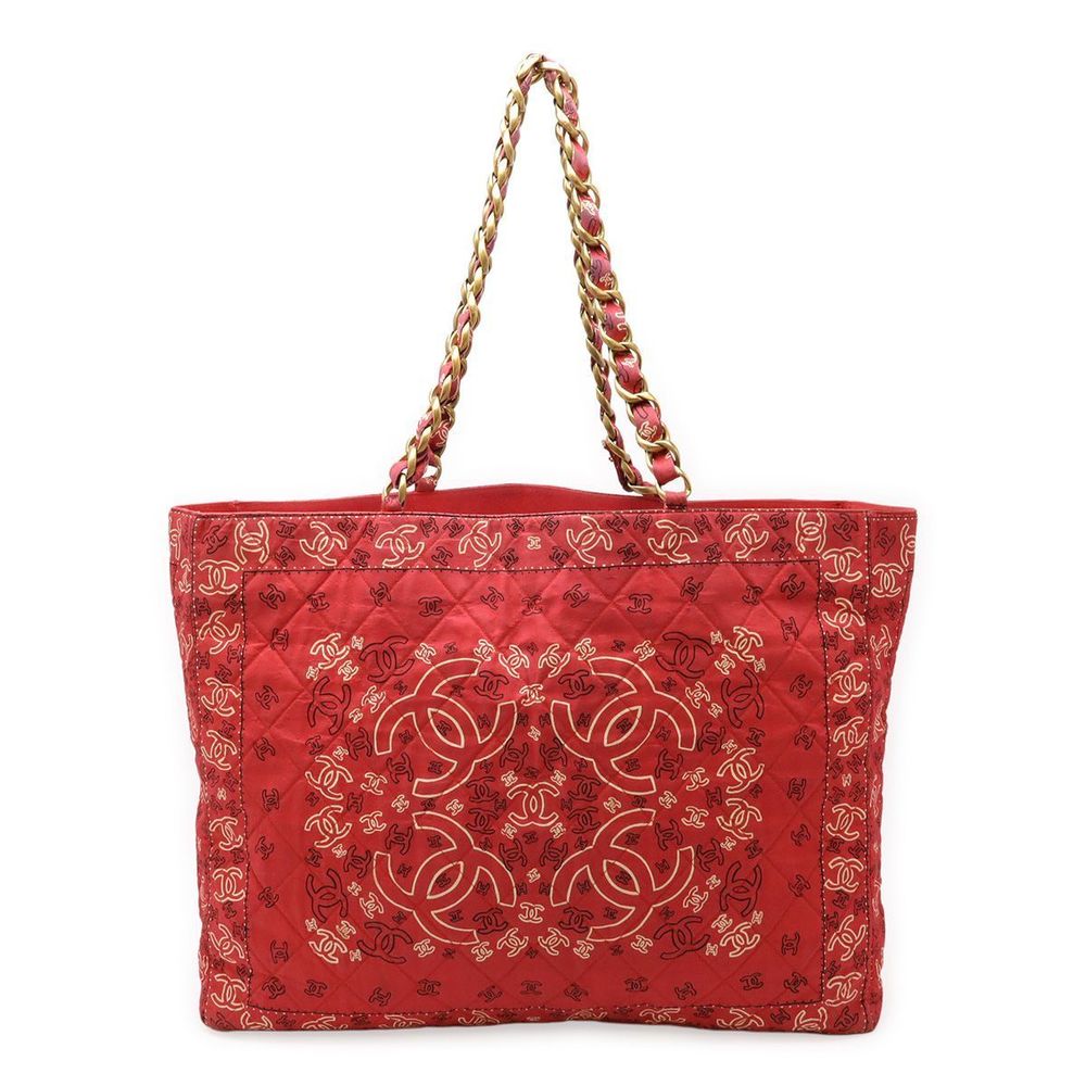 Chanel Coco Mark Tote Bag Chain Shoulder Cotton Red Red White White Gold