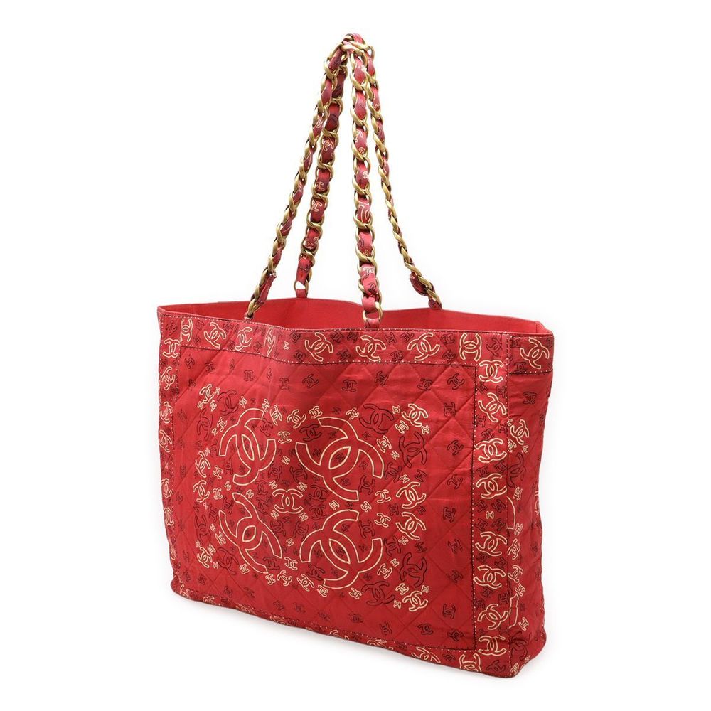 Chanel Coco Mark Tote Bag Chain Shoulder Cotton Red Red White White Gold