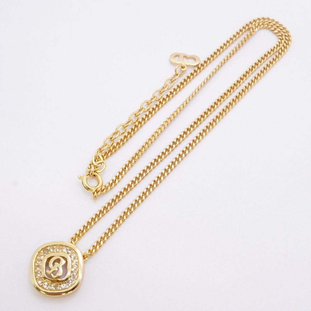 Christian Dior Necklace CD Logo GP Plated Rhinestone Gold Ladies