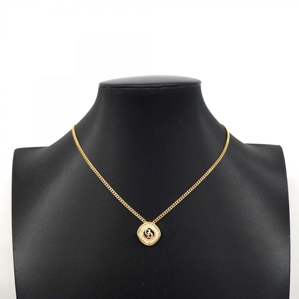Christian Dior Necklace CD Logo GP Plated Rhinestone Gold Ladies