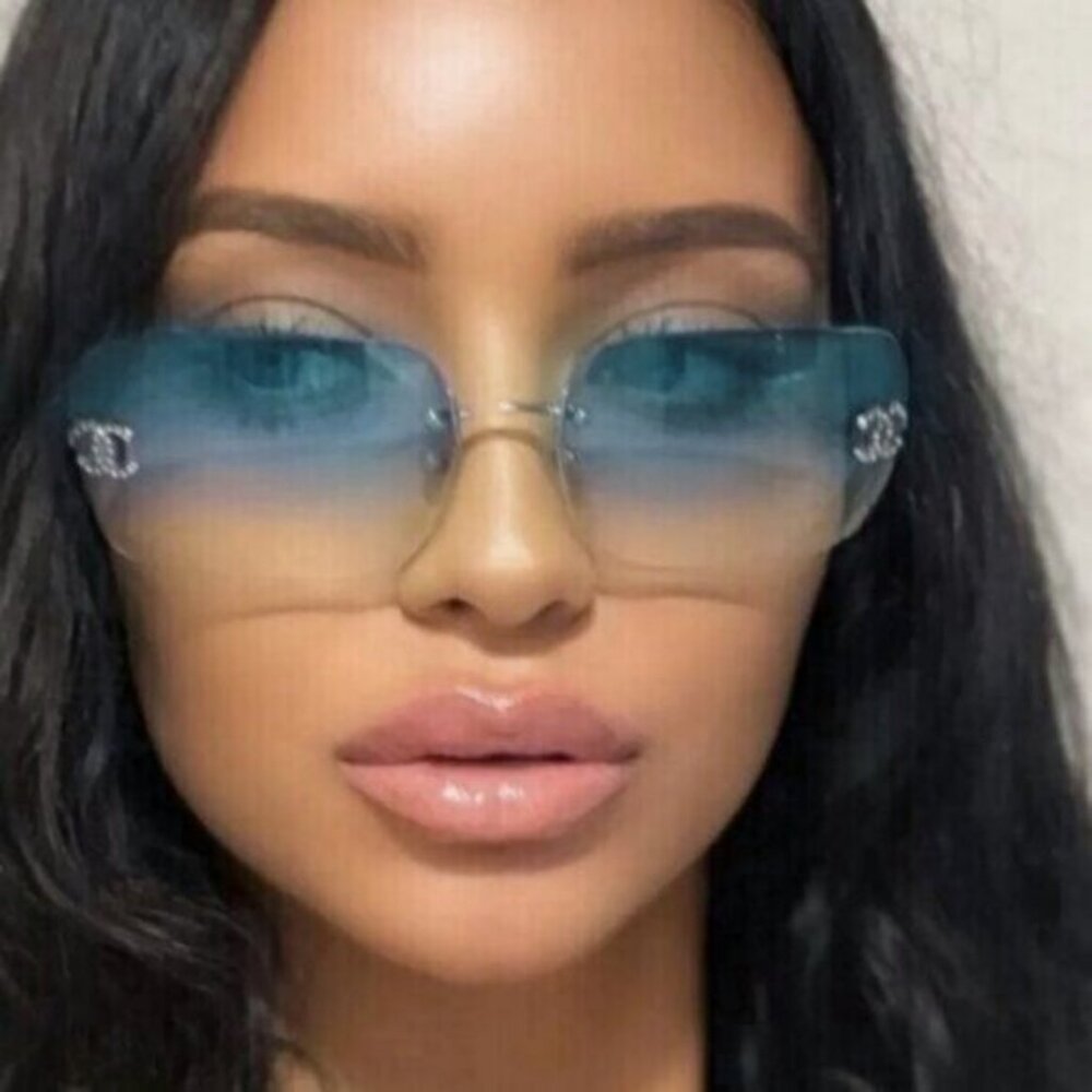 RARE Chanel Vintage Sunglasses Rhinestone Crystal CC Logo Rimless Gradient Blue