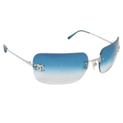 RARE Chanel Vintage Sunglasses Rhinestone Crystal CC Logo Rimless Gradient Blue