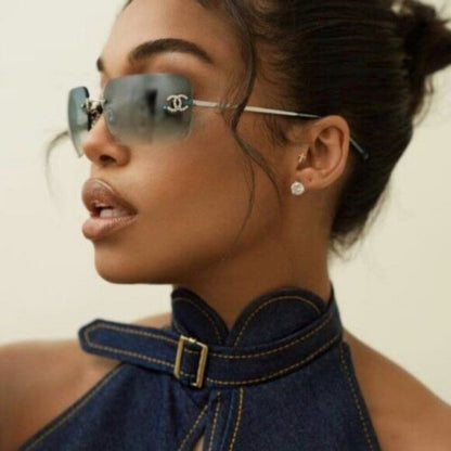 RARE Chanel Vintage Sunglasses Rhinestone Crystal CC Logo Rimless Gradient Blue