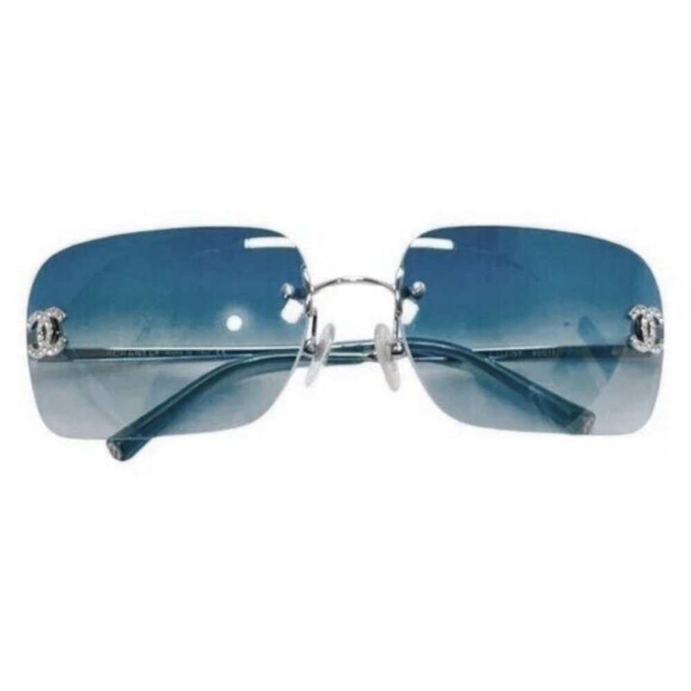 RARE Chanel Vintage Sunglasses Rhinestone Crystal CC Logo Rimless Gradient Blue