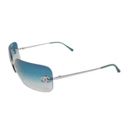 RARE Chanel Vintage Sunglasses Rhinestone Crystal CC Logo Rimless Gradient Blue