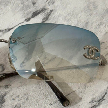 RARE Chanel Vintage Sunglasses Rhinestone Crystal CC Logo Rimless Gradient Blue