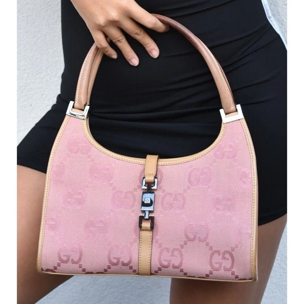Authentic GUCCI GG  Jackie O Hobo Pink Shoulder Bag Sherry Monogram Web Leather