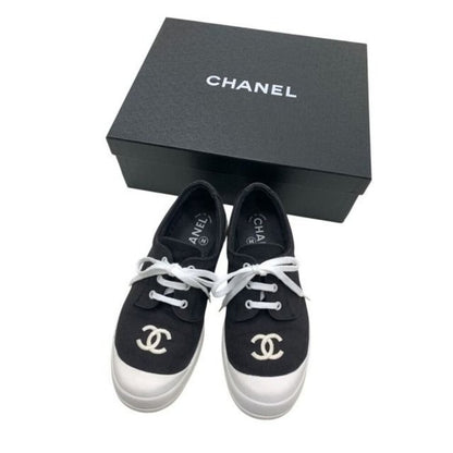 Authentic Chanel CC Sneakers Black and White Coco Mark Bicolor Canvas Shoes 37 7