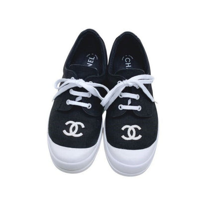 Authentic Chanel CC Sneakers Black and White Coco Mark Bicolor Canvas Shoes 37 7