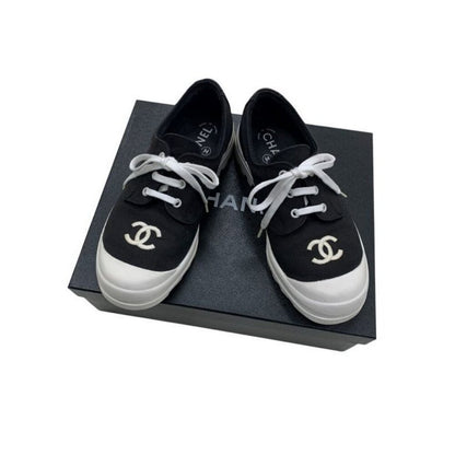 Authentic Chanel CC Sneakers Black and White Coco Mark Bicolor Canvas Shoes 37 7