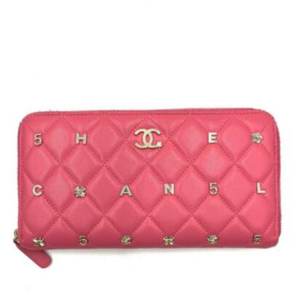 Chanel Chanel Pink Lambskin Rhinestone Quilted Long Wallet Lucky Charm Camellia