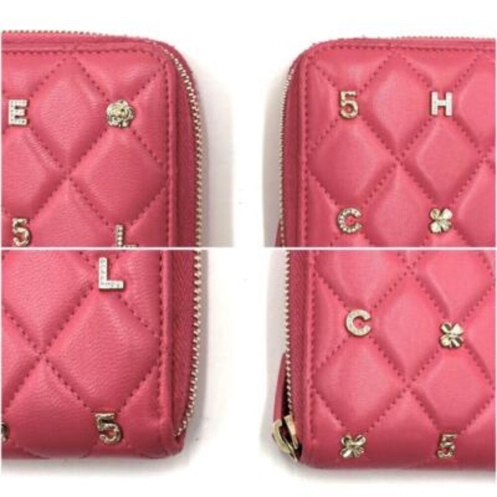 Chanel Chanel Pink Lambskin Rhinestone Quilted Long Wallet Lucky Charm Camellia