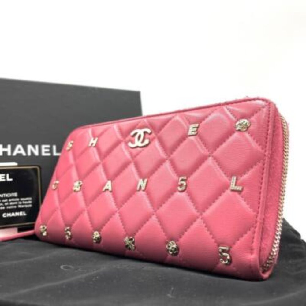 Chanel Chanel Pink Lambskin Rhinestone Quilted Long Wallet Lucky Charm Camellia
