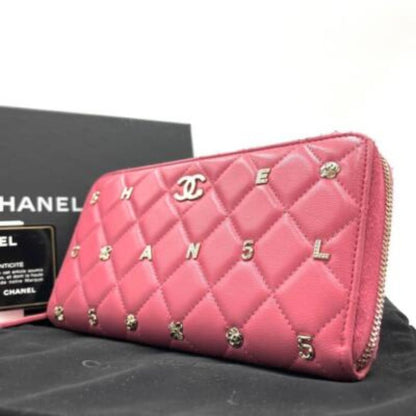 Chanel Chanel Pink Lambskin Rhinestone Quilted Long Wallet Lucky Charm Camellia