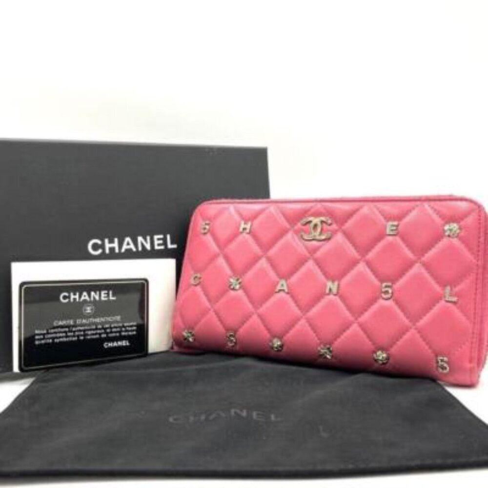 Chanel Chanel Pink Lambskin Rhinestone Quilted Long Wallet Lucky Charm Camellia