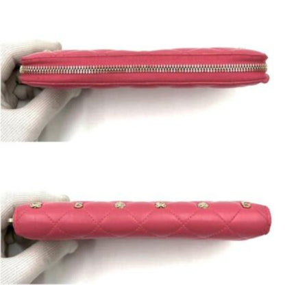 Chanel Chanel Pink Lambskin Rhinestone Quilted Long Wallet Lucky Charm Camellia