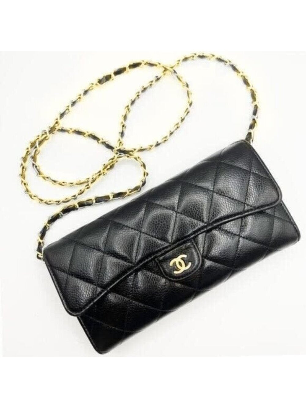 Chanel CC Classic Caviar Flap Wallet Quilted Leather Chain Purse Black