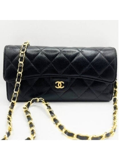 Chanel CC Classic Caviar Flap Wallet Quilted Leather Chain Purse Black
