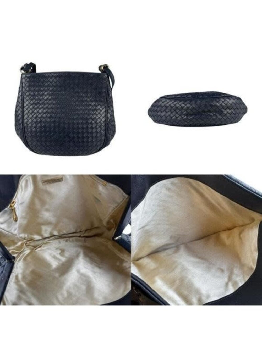 Bottega Veneta Intrecciato Nappa Shoulder Bag Purse Navy Black Leather