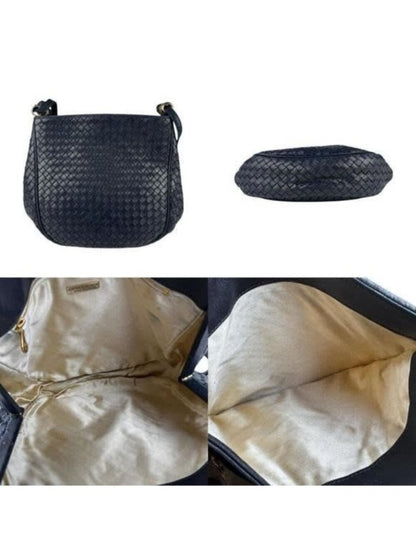 Bottega Veneta Intrecciato Nappa Shoulder Bag Purse Navy Black Leather