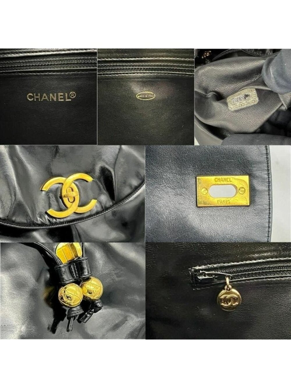Chanel CC Vintage Backpack Bag Patent Leather Black Turnlock Chain