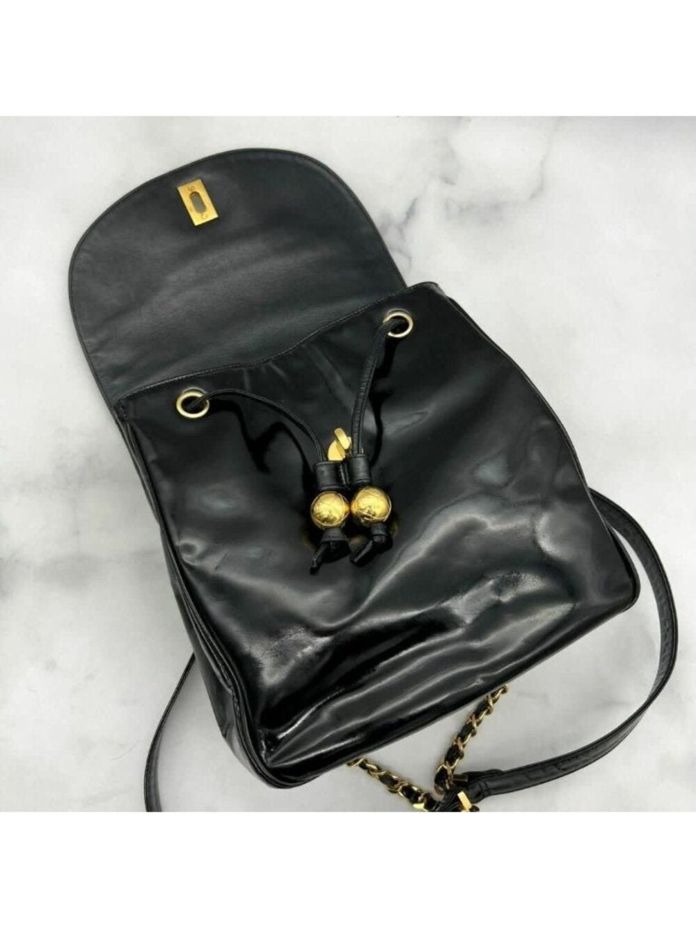 Chanel CC Vintage Backpack Bag Patent Leather Black Turnlock Chain