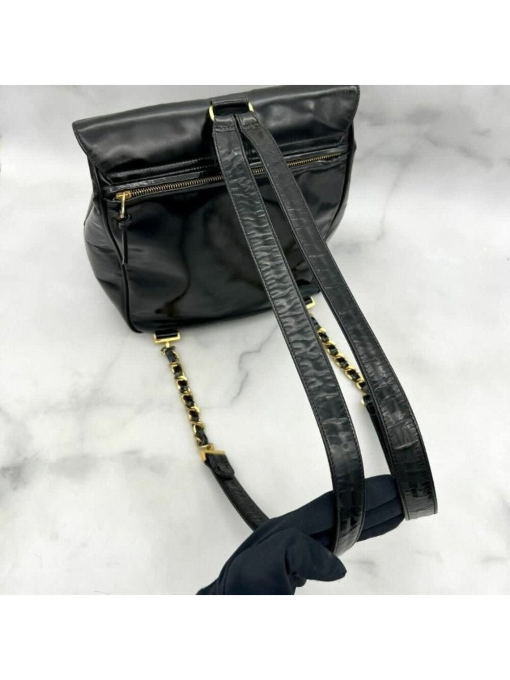Chanel CC Vintage Backpack Bag Patent Leather Black Turnlock Chain