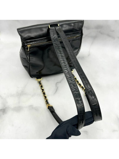 Chanel CC Vintage Backpack Bag Patent Leather Black Turnlock Chain