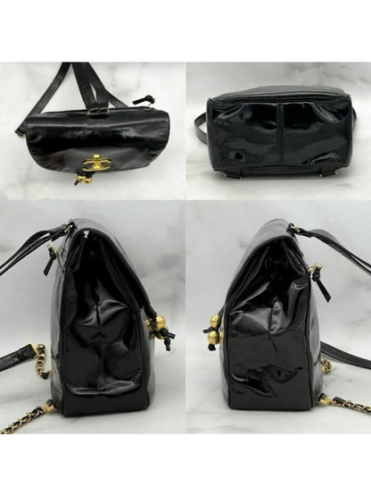 Chanel CC Vintage Backpack Bag Patent Leather Black Turnlock Chain