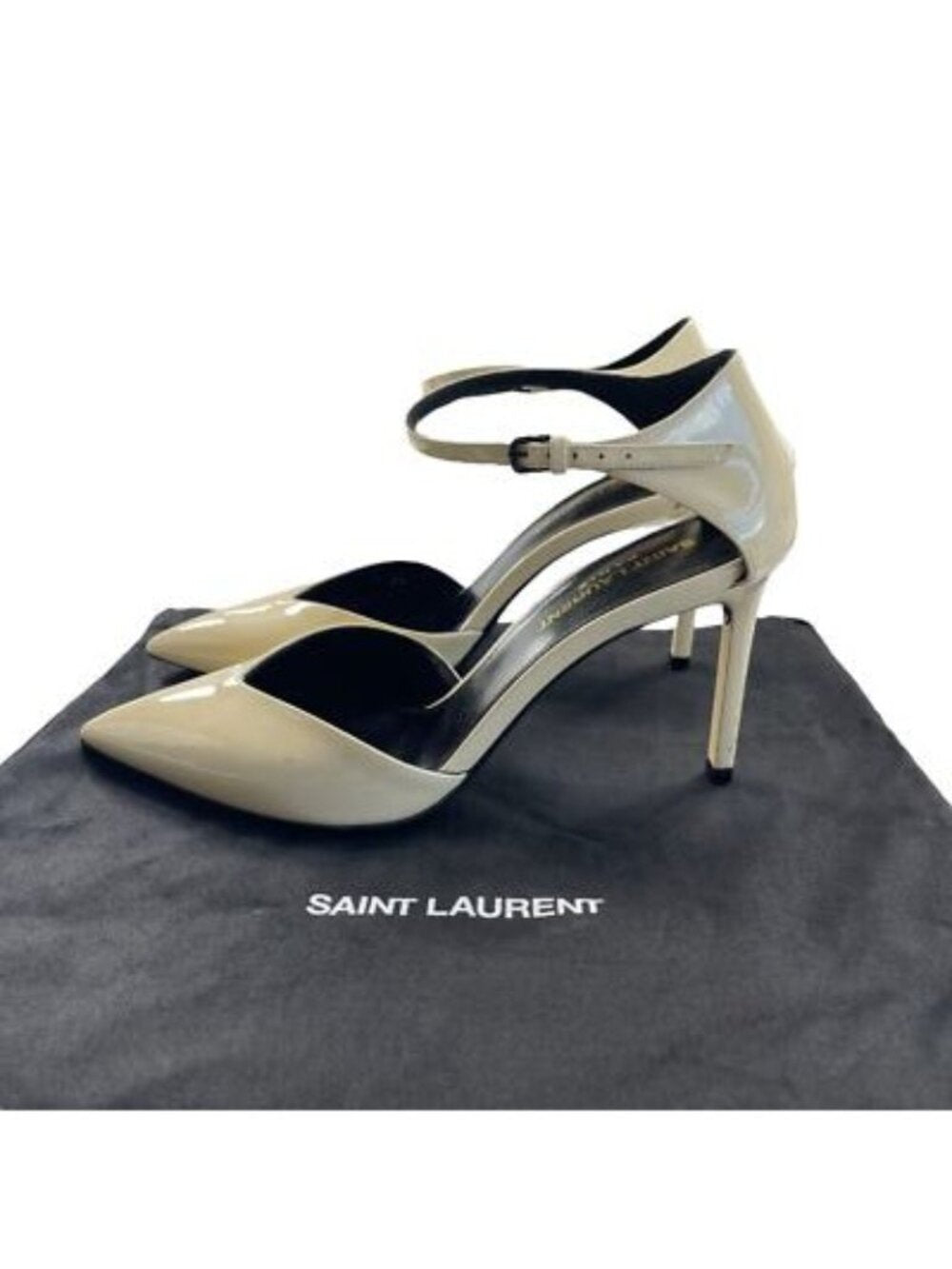 Saint Laurent Patent Anja 85 Ankle Strap Pointed Pumps Coquille 37