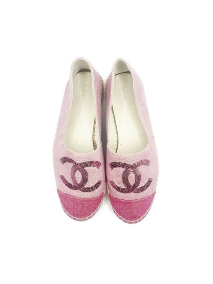 Chanel CC Logo Canvas Pink Sequin Espadrilles Flats Shoes 38